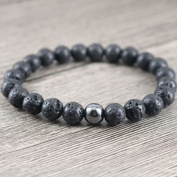 8mm Hematite Black Lava Rock Stackable Protection Beaded Stretch Bracelet - Picture 3 of 7